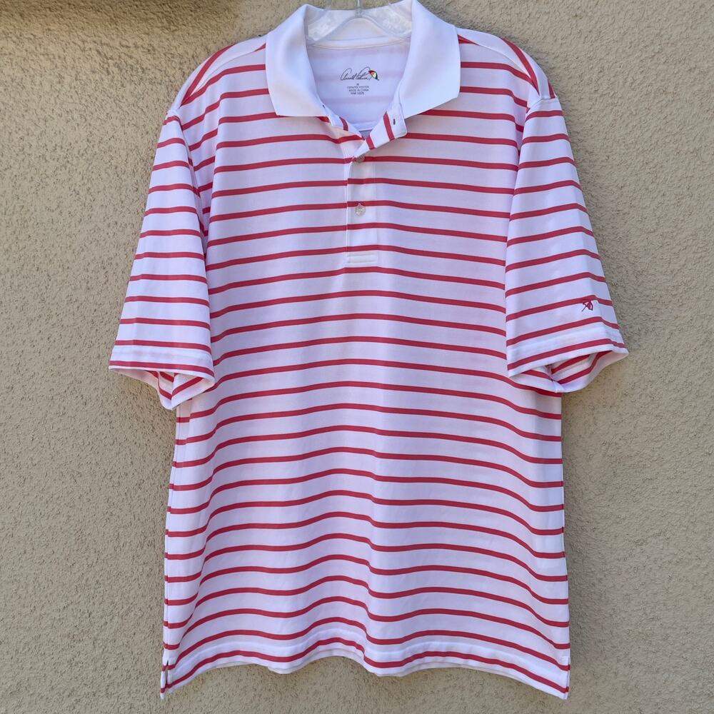 Arnold Palmer White Salmon Pink Striped Golf Polo Shirt Mens Size M